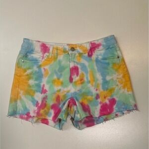 Judy Blue Los Angeles Tie Dye Denim Shorts Distressed Frayed Cutoff Womens Large